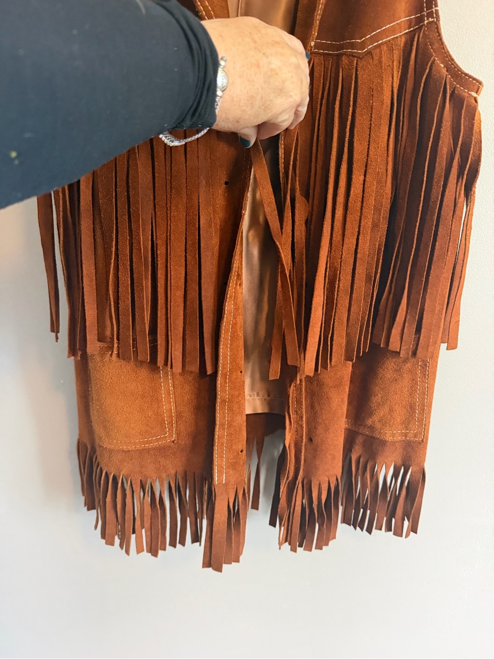 Vintage 70s Suede Leather Fringe Vest Mini Skirt Set Rust Brown XS S - Picture 8 of 13